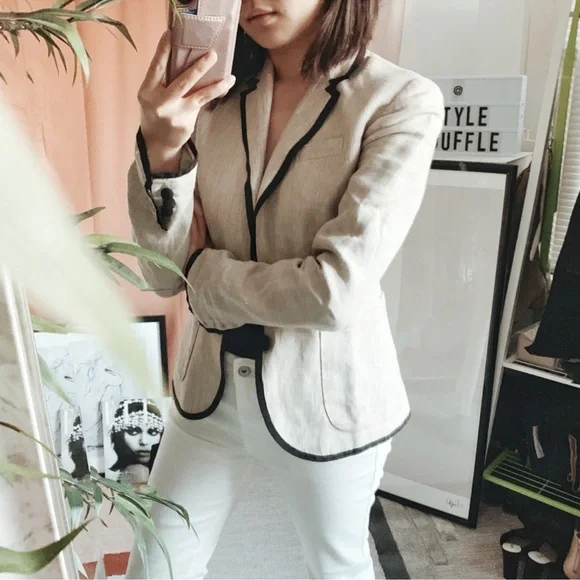 J Crew 100% Linen Schoolboy Blazer Neutral Beige Bold Covered‎ Buttons Work - Picture 2 of 12